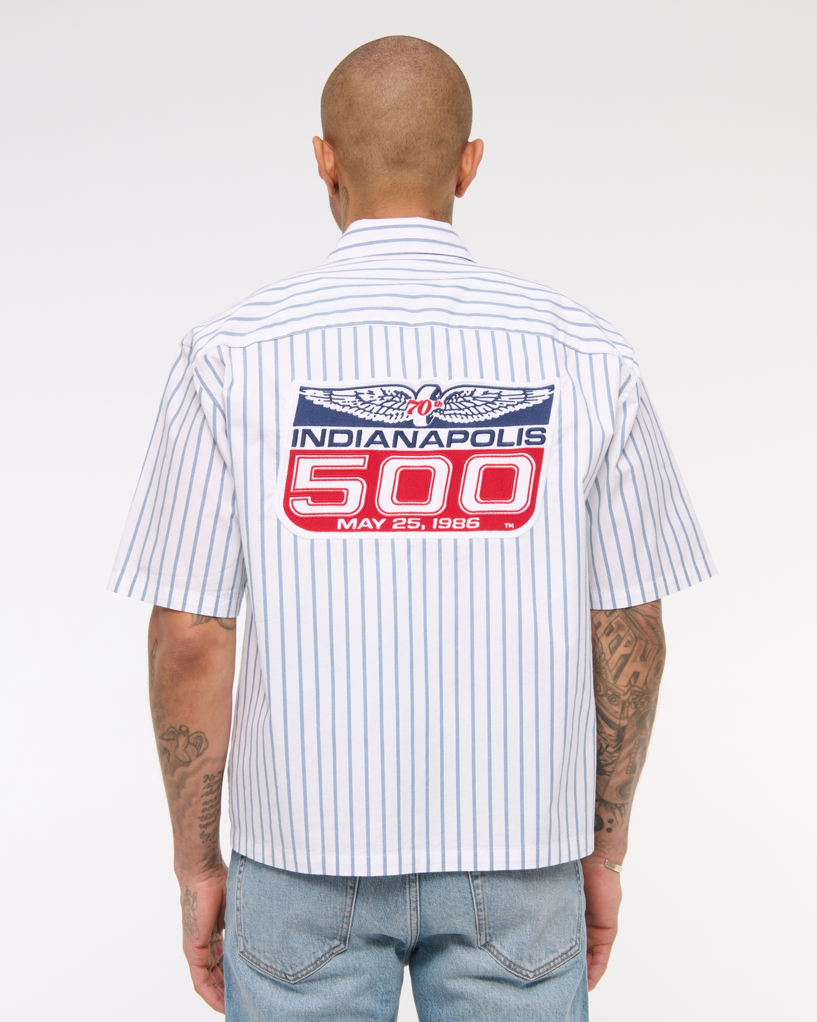 Short-Sleeve Cropped Racing Workwear Button-Up Shirt
