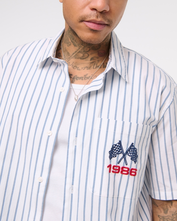 Short-Sleeve Cropped Racing Workwear Button-Up Shirt