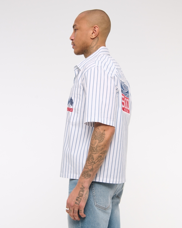 Short-Sleeve Cropped Racing Workwear Button-Up Shirt