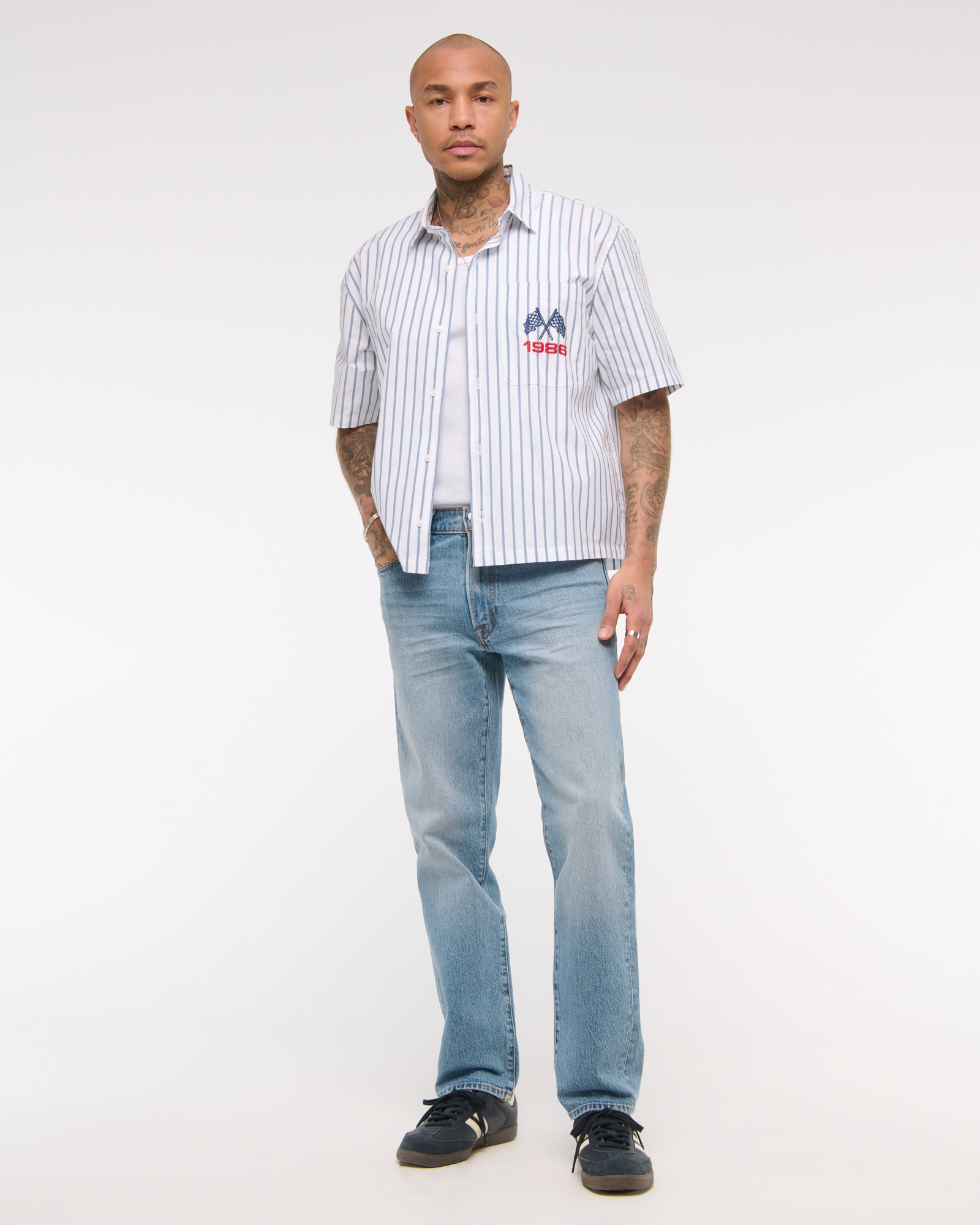 Short-Sleeve Cropped Racing Workwear Button-Up Shirt