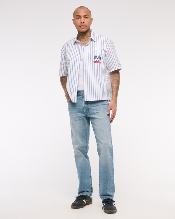 Short-Sleeve Cropped Racing Workwear Button-Up Shirt