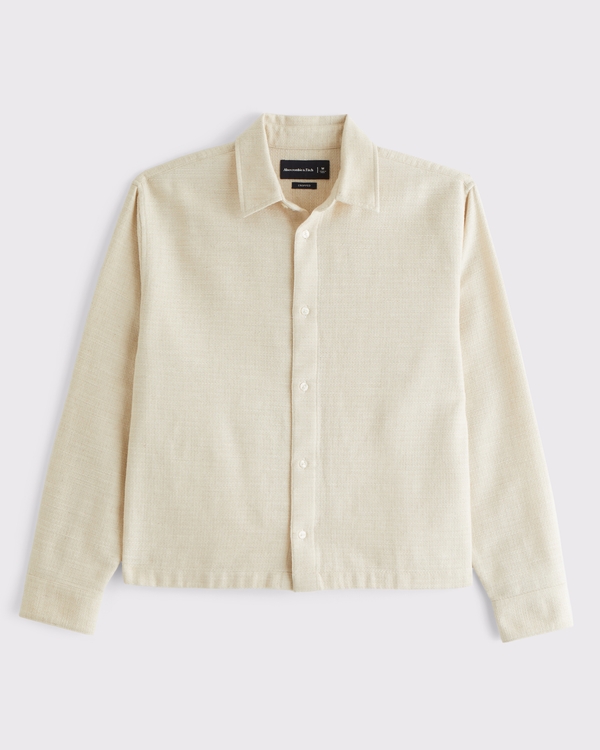 Cropped Slub Button-Up Shirt, Cream view 1
