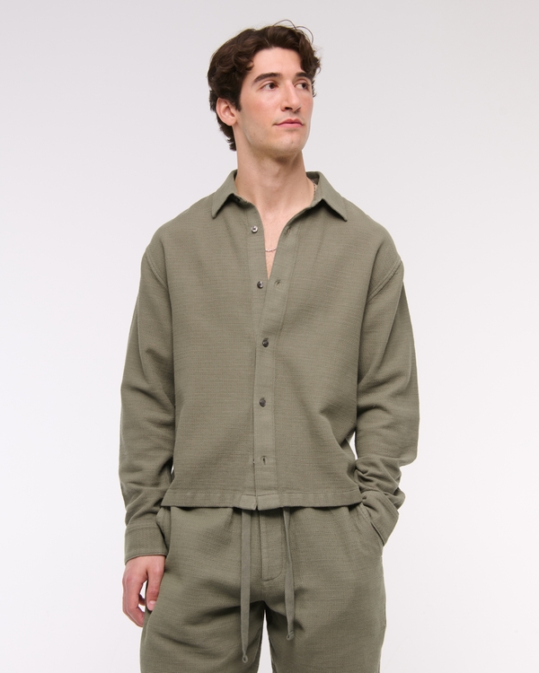 Cropped Slub Button-Up Shirt, Dark Sage view 2