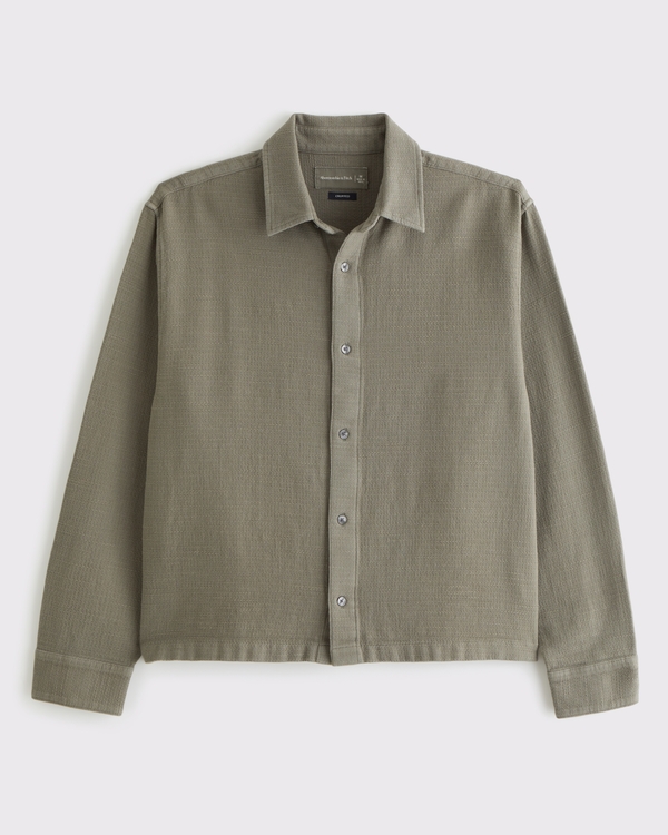 Cropped Slub Button-Up Shirt, Dark Sage view 1
