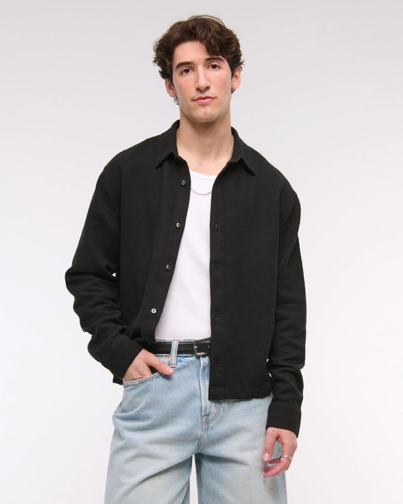 Cropped Slub Button-Up Shirt