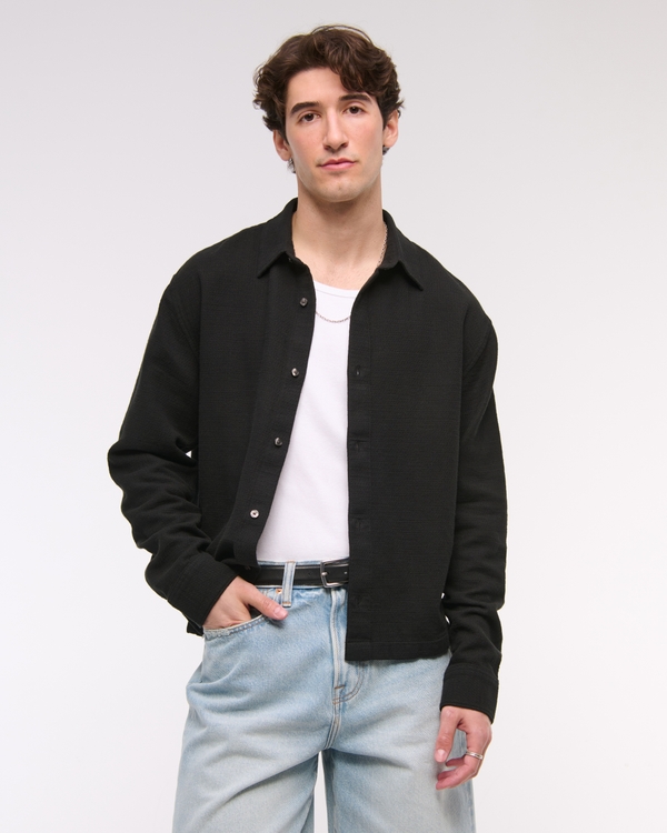 Cropped Slub Button-Up Shirt, Black view 2