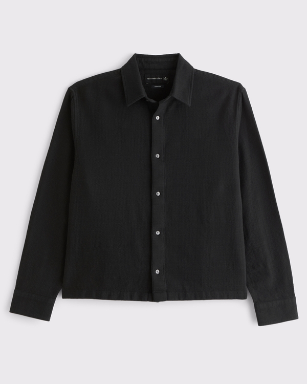 Cropped Slub Button-Up Shirt, Black view 1