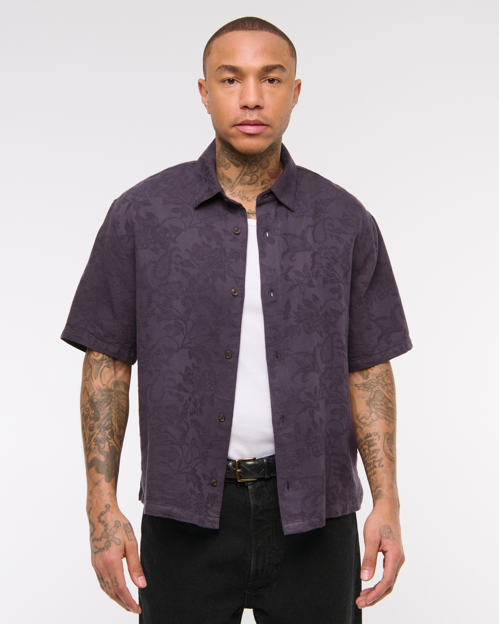 Short-Sleeve Cropped Jacquard Button-Up Shirt