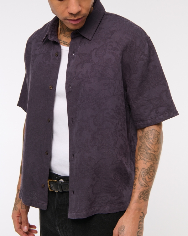 Short-Sleeve Cropped Jacquard Button-Up Shirt