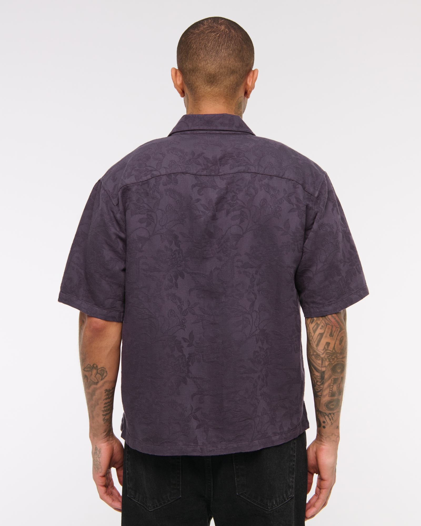 Short-Sleeve Cropped Jacquard Button-Up Shirt