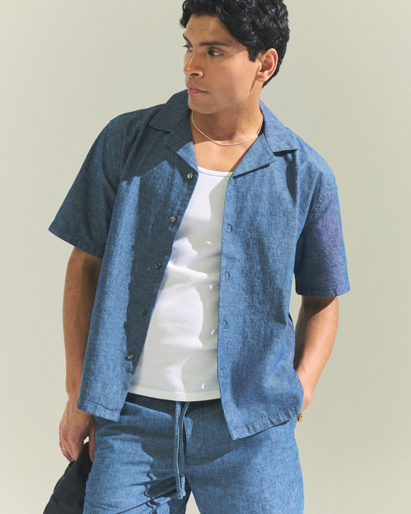 Camp Collar Summer Linen-Blend Shirt, Navy view 1