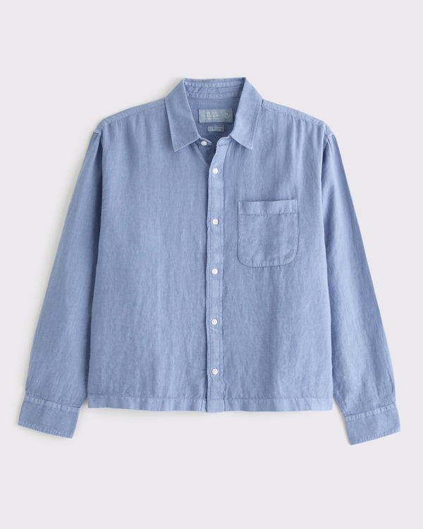 Cropped Linen Button-Up Shirt, Light Blue view 1