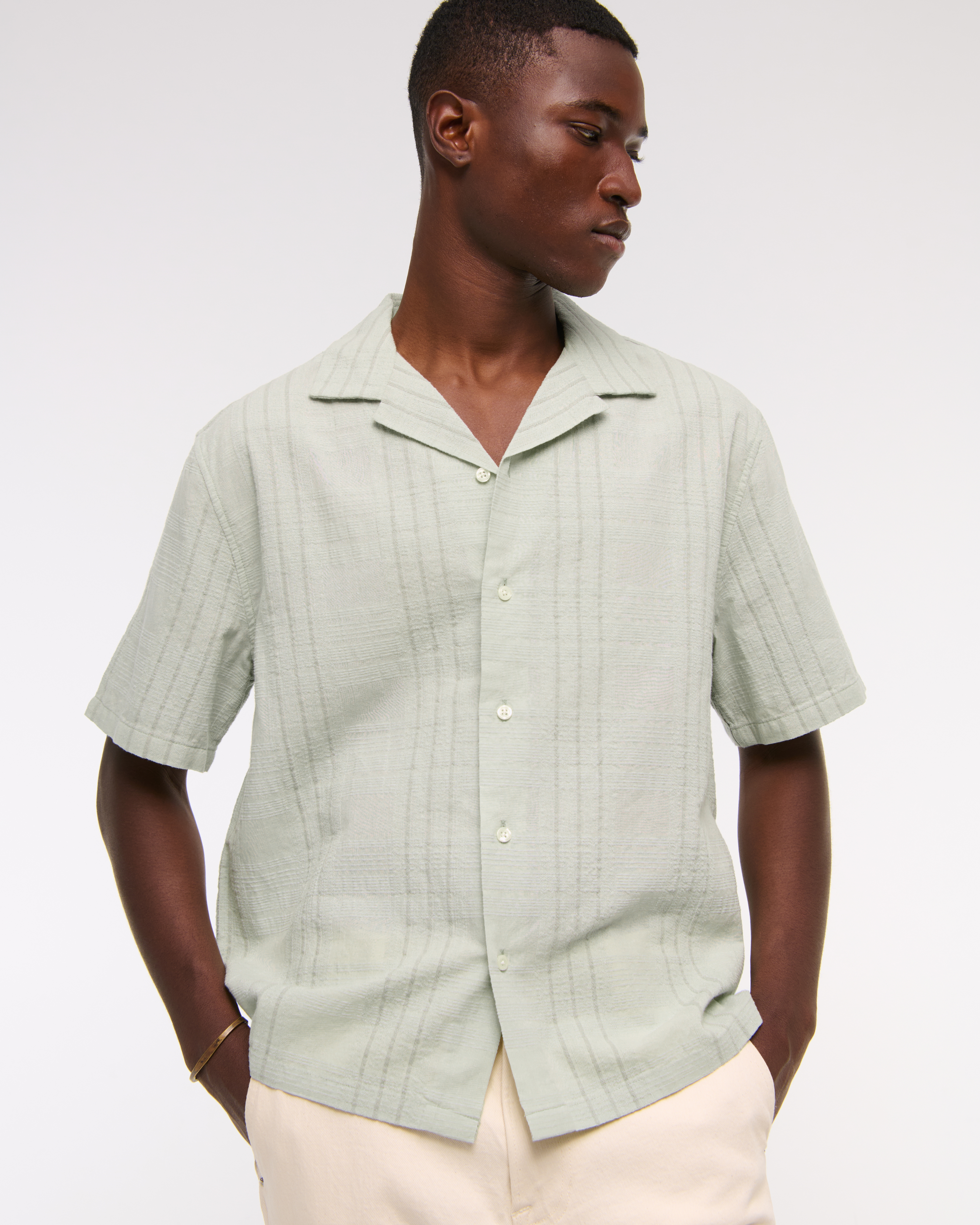 Abercrombie & Fitch Camp Collar Textured Button-up Shirt In Green
