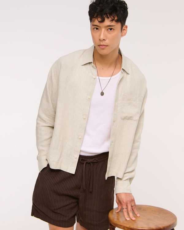 Cropped Linen Button-Up Shirt, Beige view 1