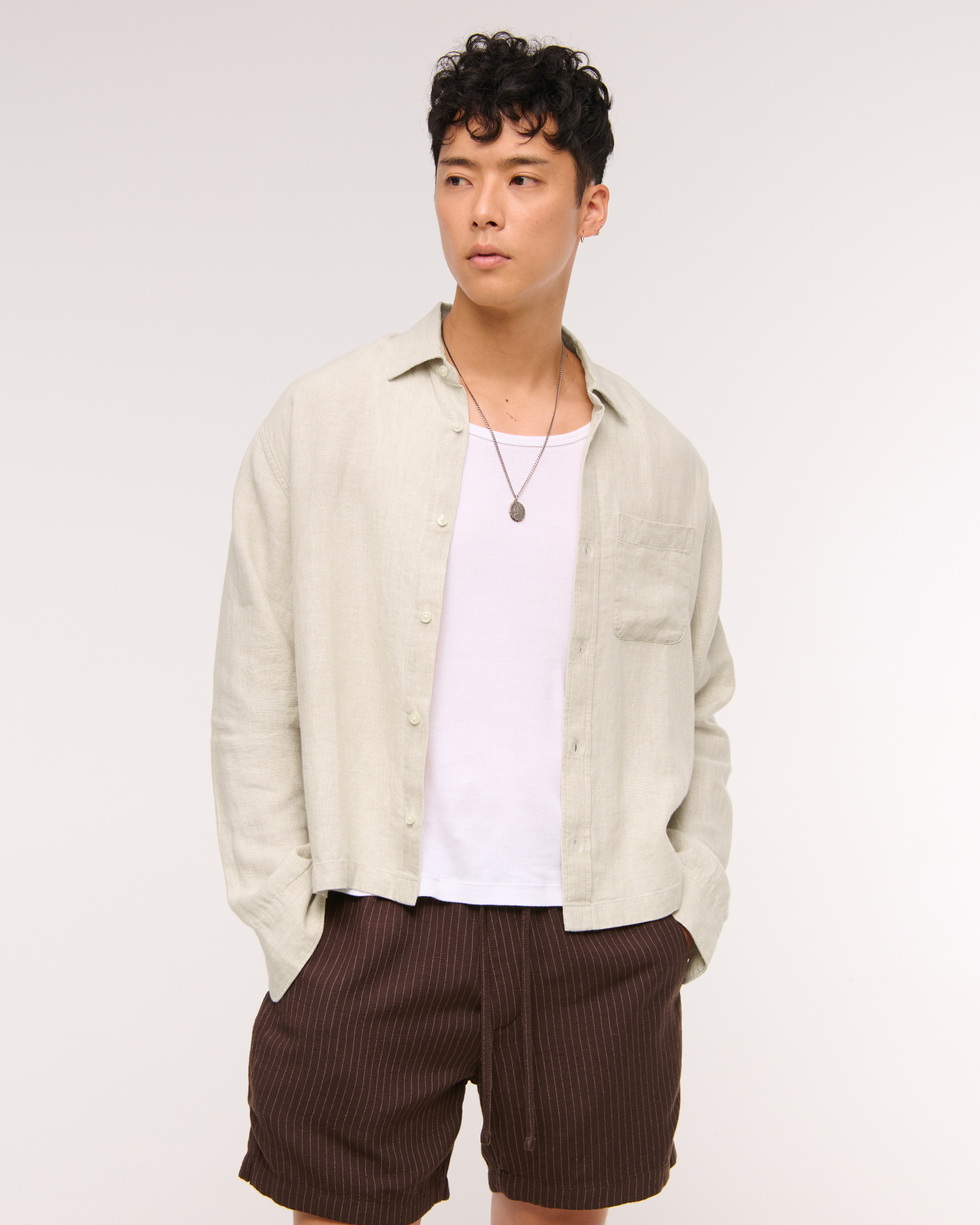 Abercrombie & Fitch Cropped Linen Button-up Shirt In Neutral