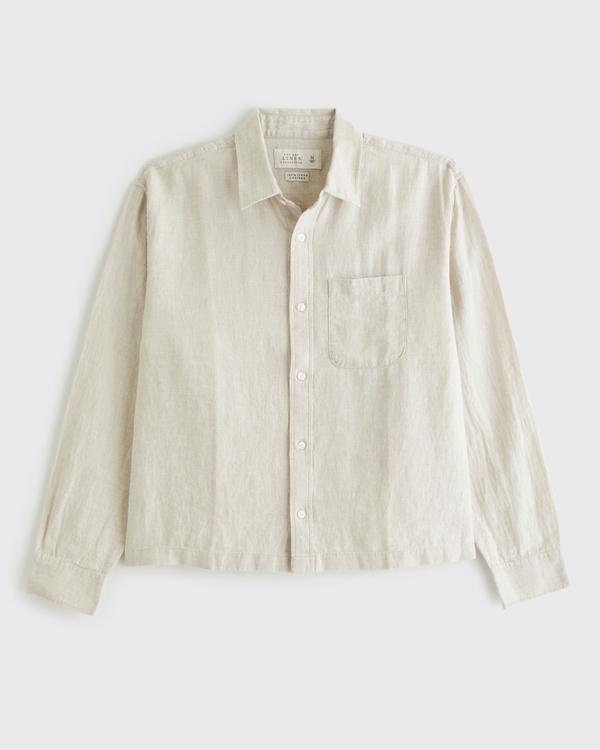 Cropped Linen Button-Up Shirt, Beige view 2