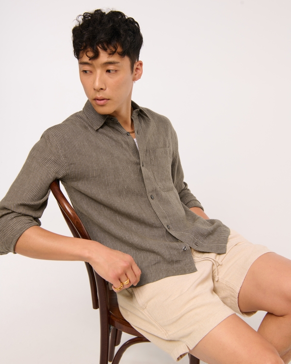 Cropped Linen Button-Up Shirt, Brown Stripe view 1