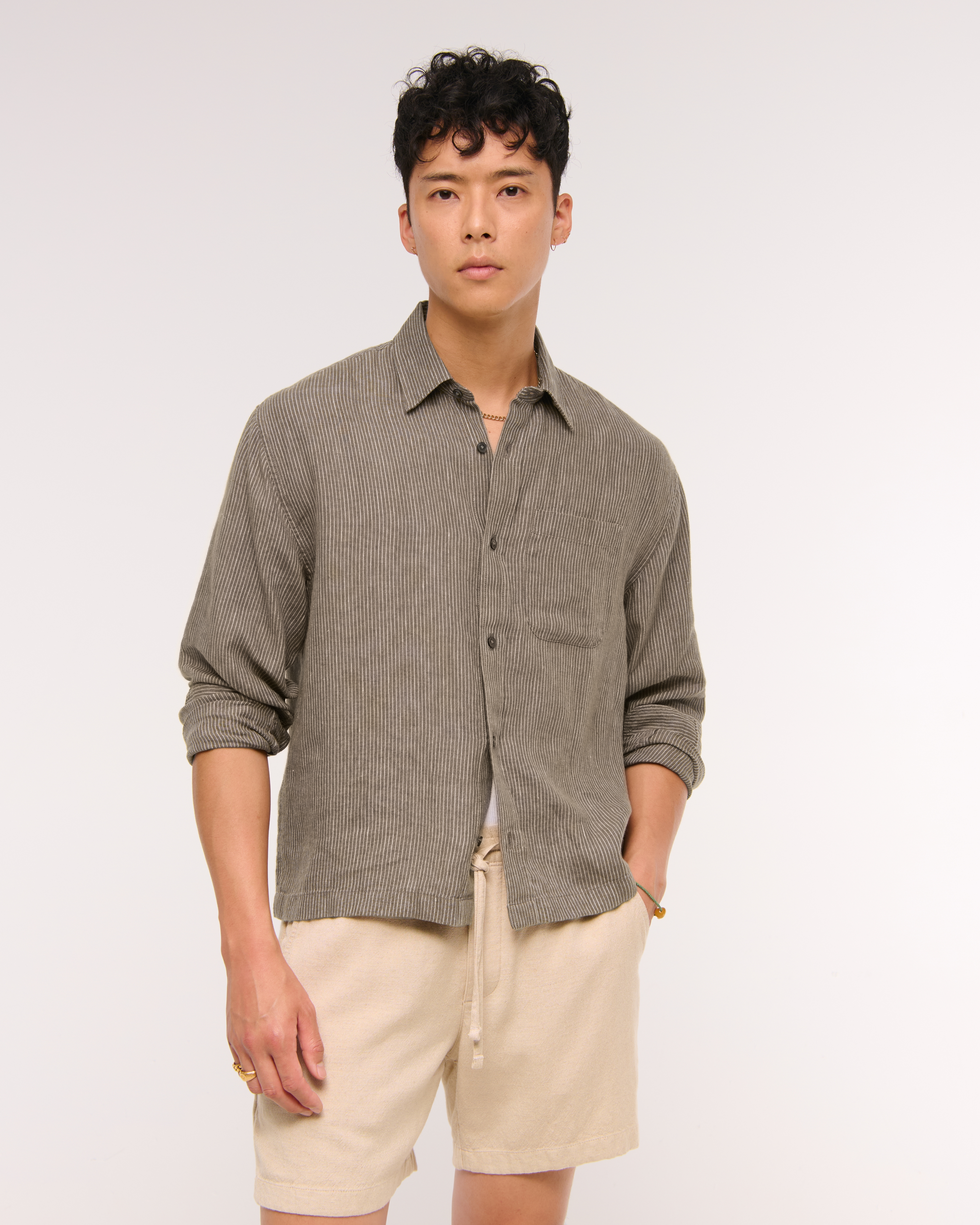 Abercrombie & Fitch Cropped Linen Button-up Shirt In Gray