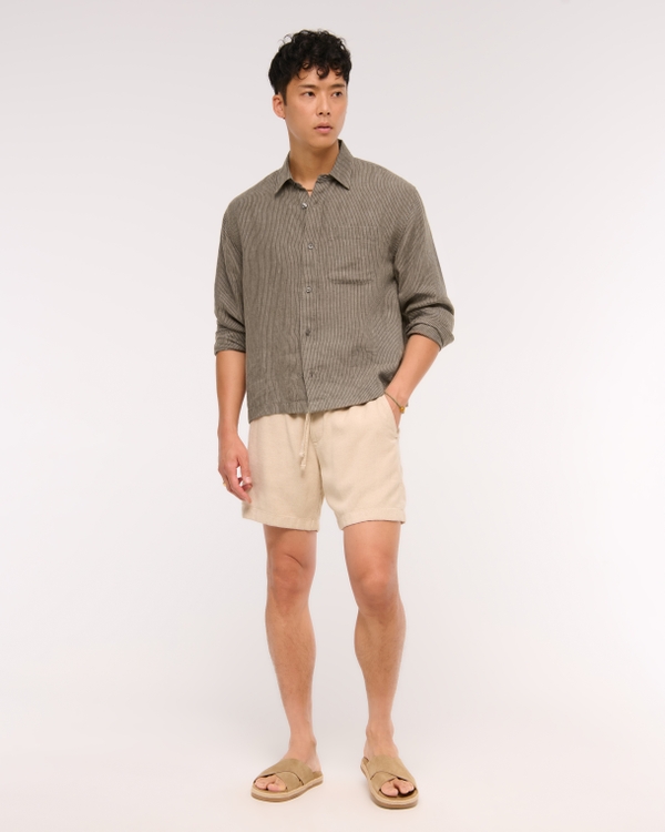 Cropped 100% Linen Button-Up Shirt, Brown Stripe view 2