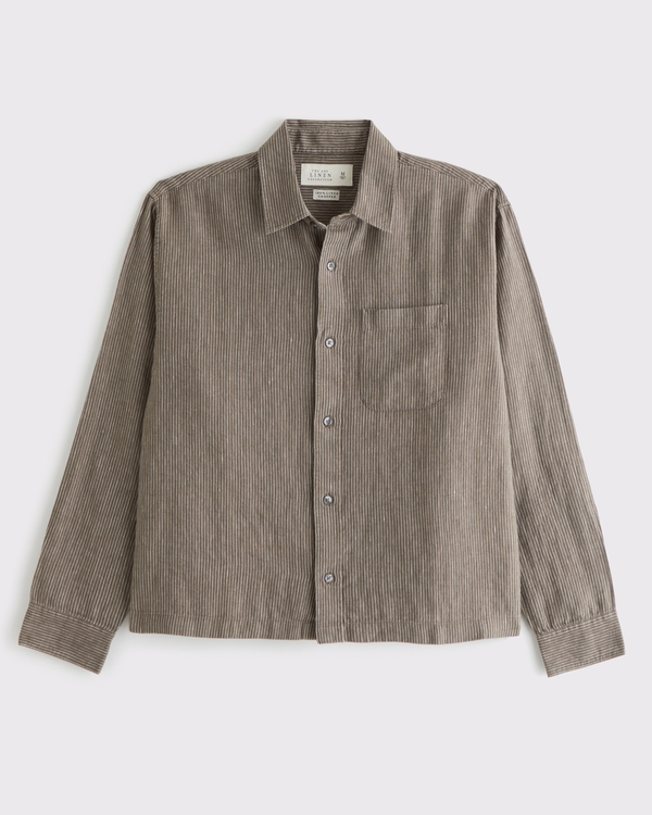 Cropped Linen Button-Up Shirt, Brown Stripe view 2