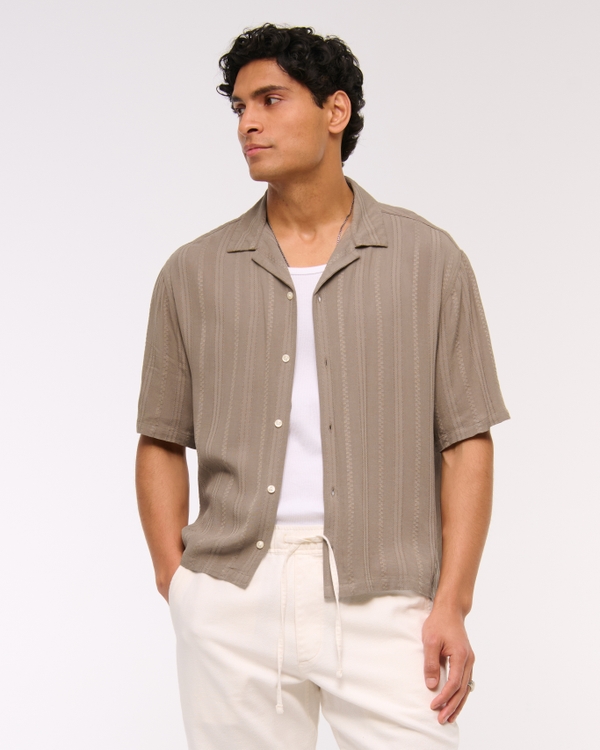 Camp Collar Cropped Button-Up Shirt, Light Brown Stripe view 1