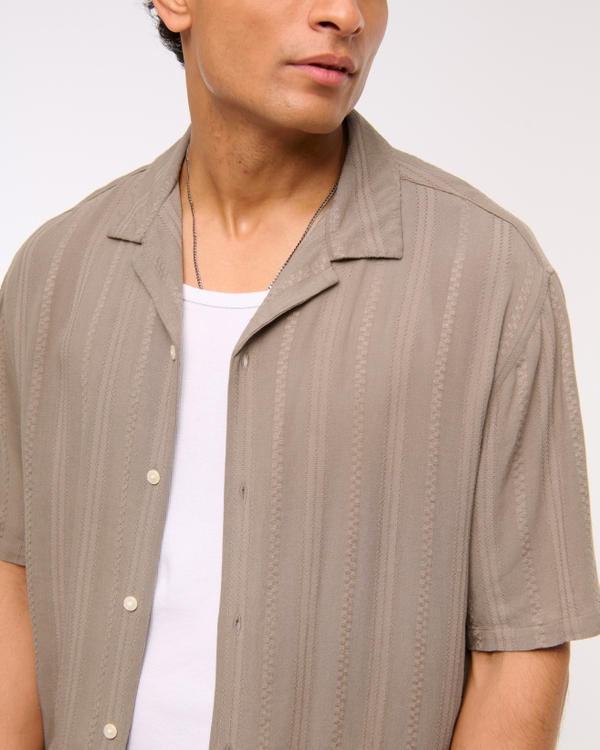 Camp Collar Cropped Button-Up Shirt, Light Brown Stripe view 2