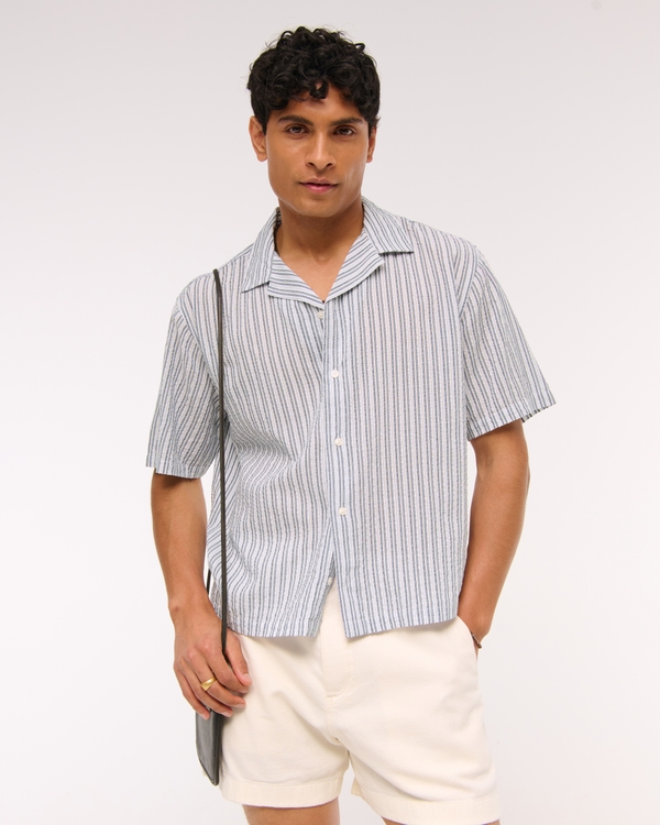 Camp Collar Cropped Seersucker Shirt, Light Blue Stripe view 1