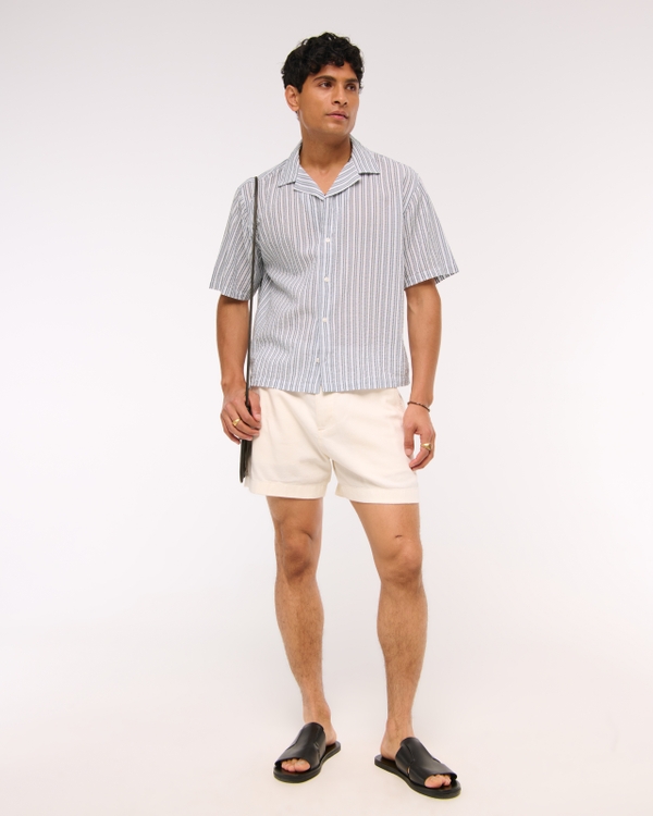 Camp Collar Cropped Seersucker Shirt, Light Blue Stripe view 2
