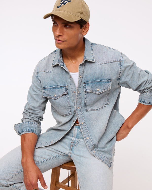 Denim Button-Up Shirt, Light-medium Wash view 1