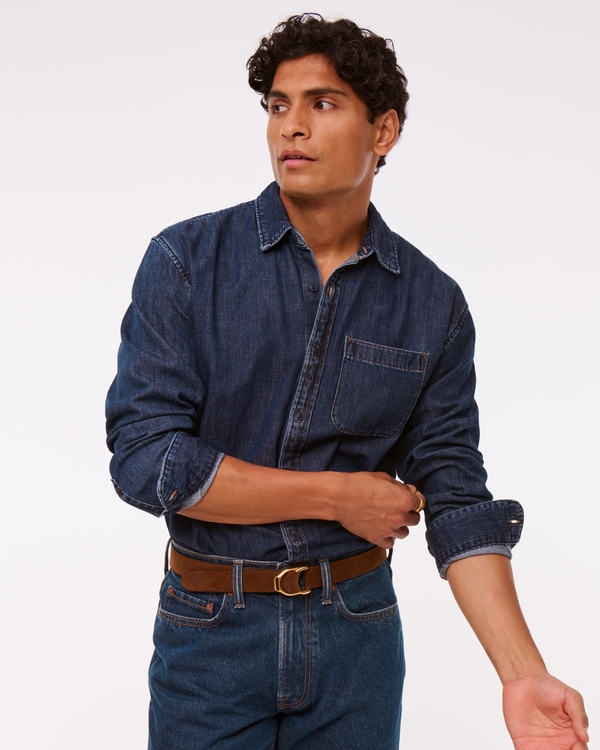 Denim Button-Up Shirt, Rinse view 1