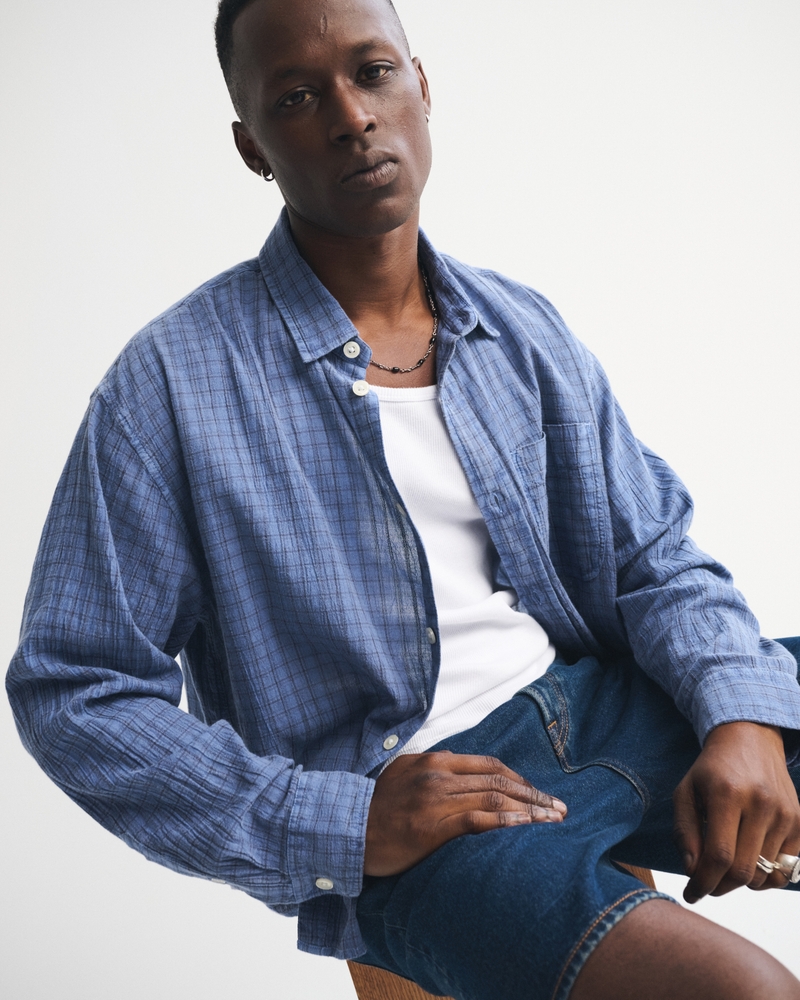 Cropped Garment-Dye Plaid Button-Up Shirt