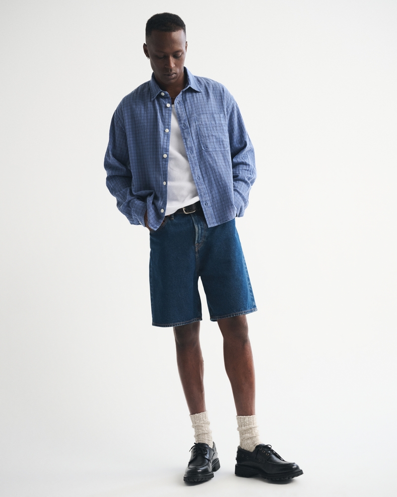 Cropped Garment-Dye Plaid Button-Up Shirt