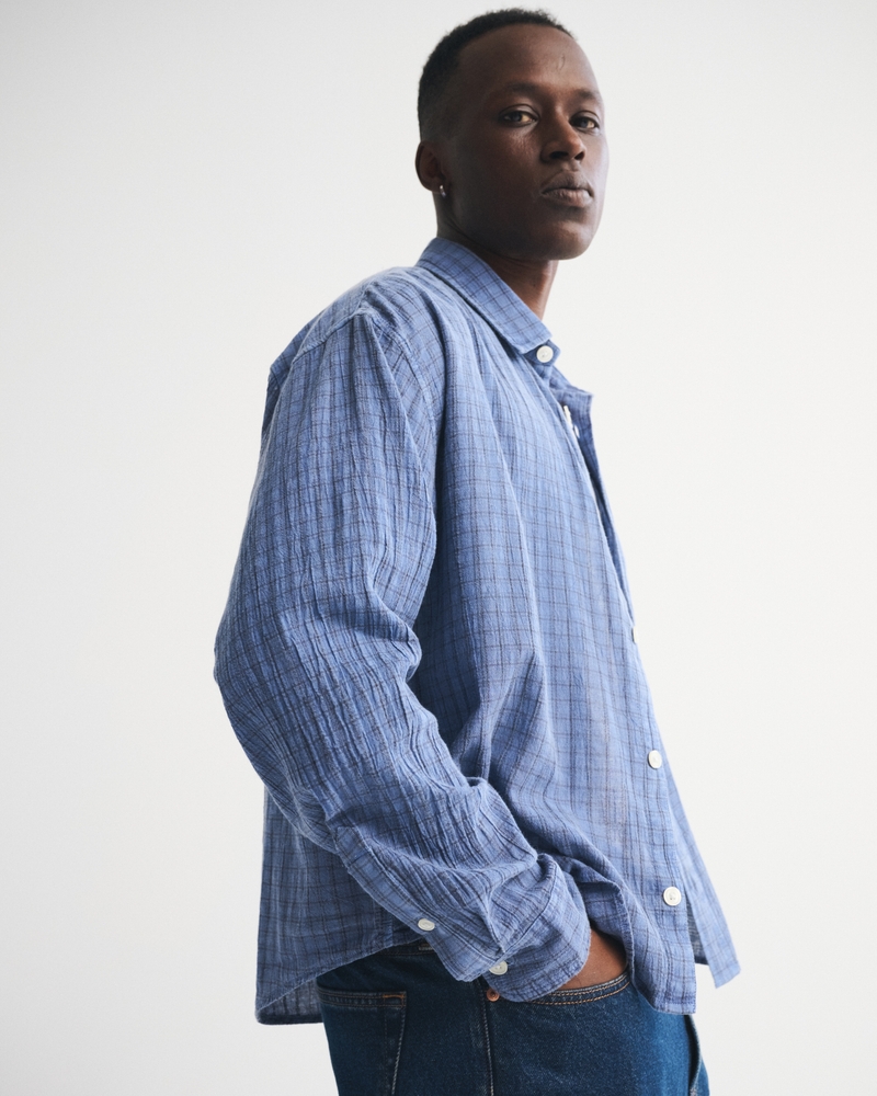 Cropped Garment-Dye Plaid Button-Up Shirt