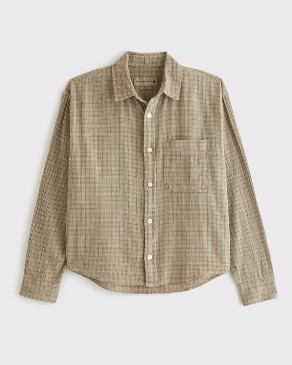 Cropped Garment-Dye Plaid Button-Up Shirt, Khaki view 1