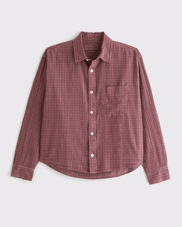 Cropped Garment-Dye Plaid Button-Up Shirt, Burgundy view 1