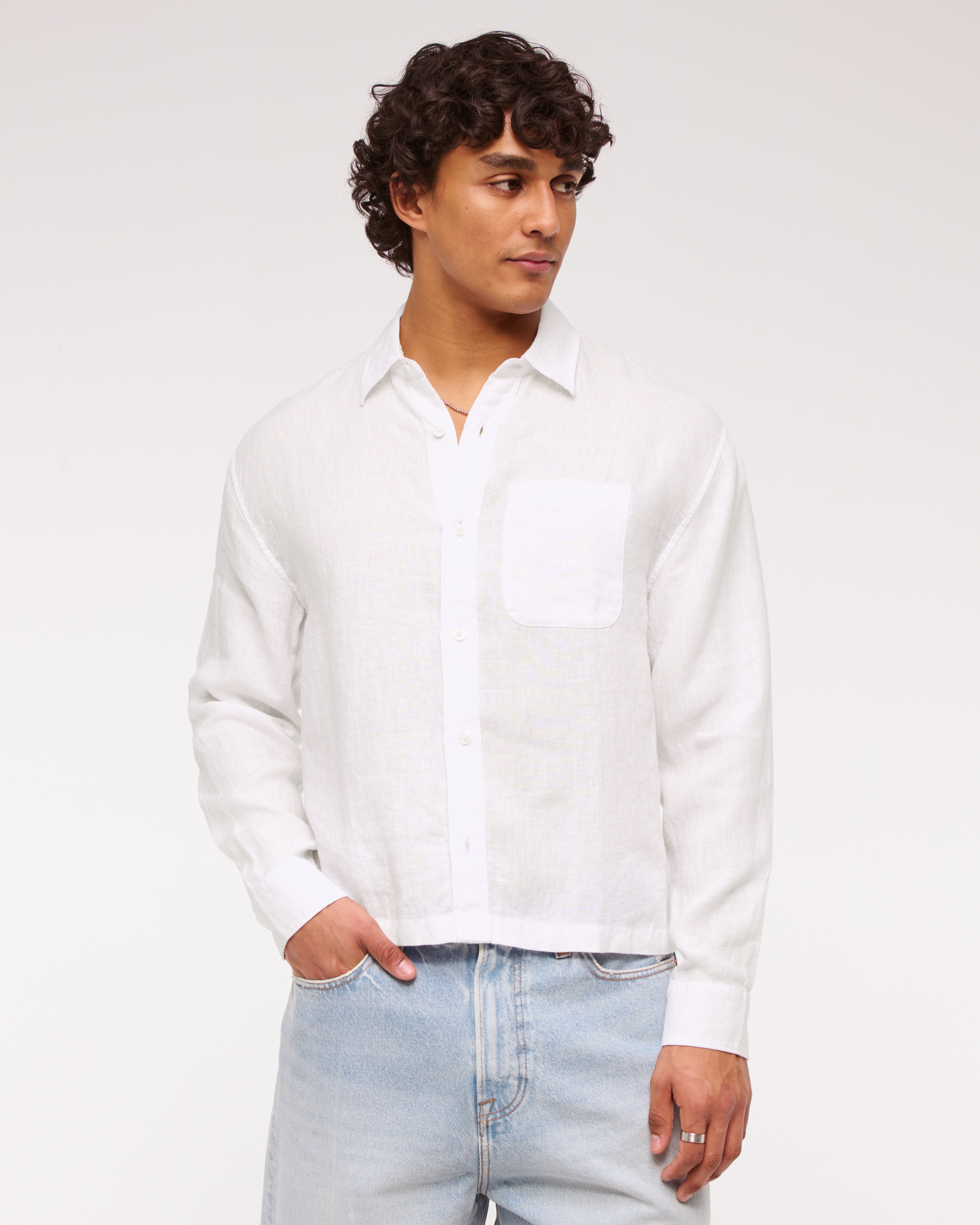 Abercrombie & Fitch Cropped Linen Button-up Shirt In White
