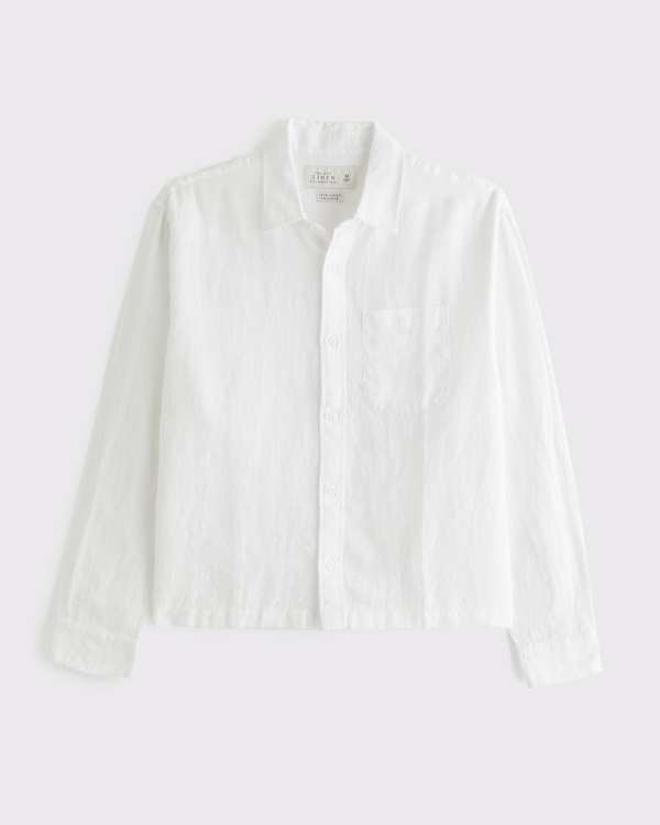 Cropped Linen Button-Up Shirt, White view 1