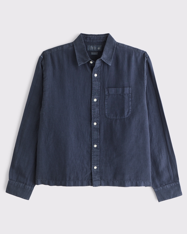 Cropped Linen Button-Up Shirt, Sapphire view 2