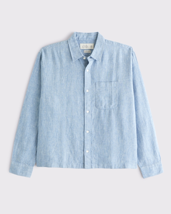 Cropped Linen Button-Up Shirt, Light Blue view 1