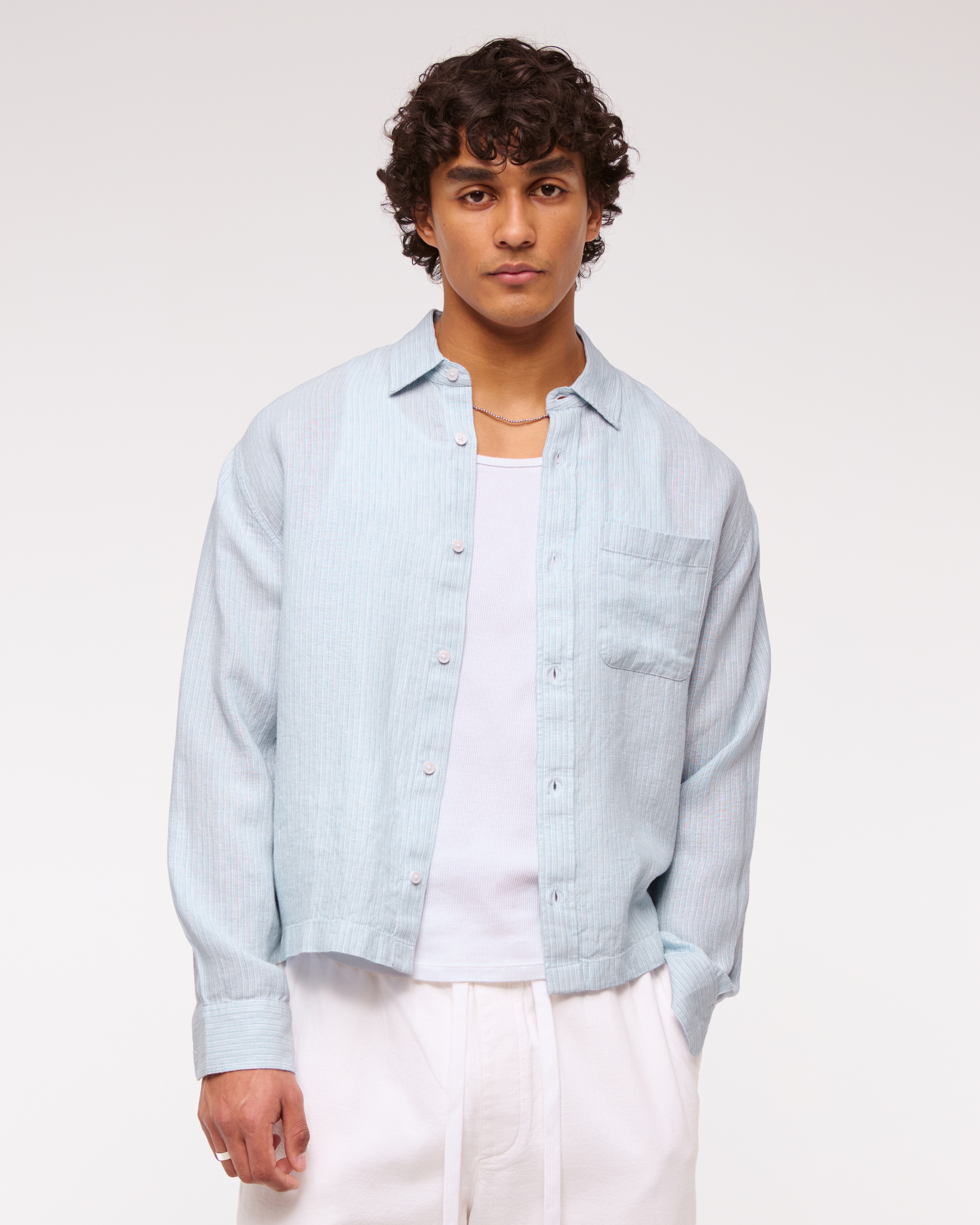 Abercrombie & Fitch Cropped Linen Button-up Shirt In Blue