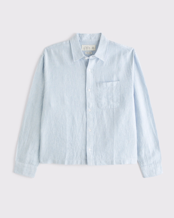 Cropped Linen Button-Up Shirt, Light Blue Stripe view 1
