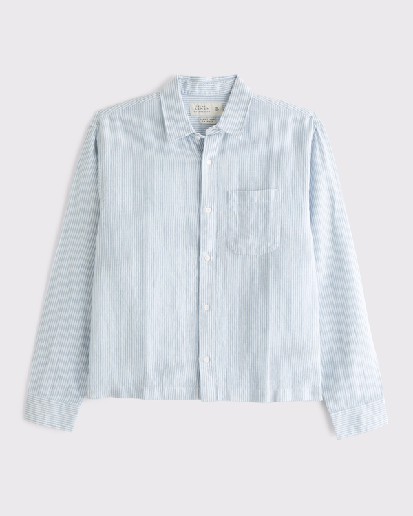 Cropped Linen Button-Up Shirt, Light Blue Stripe view 2