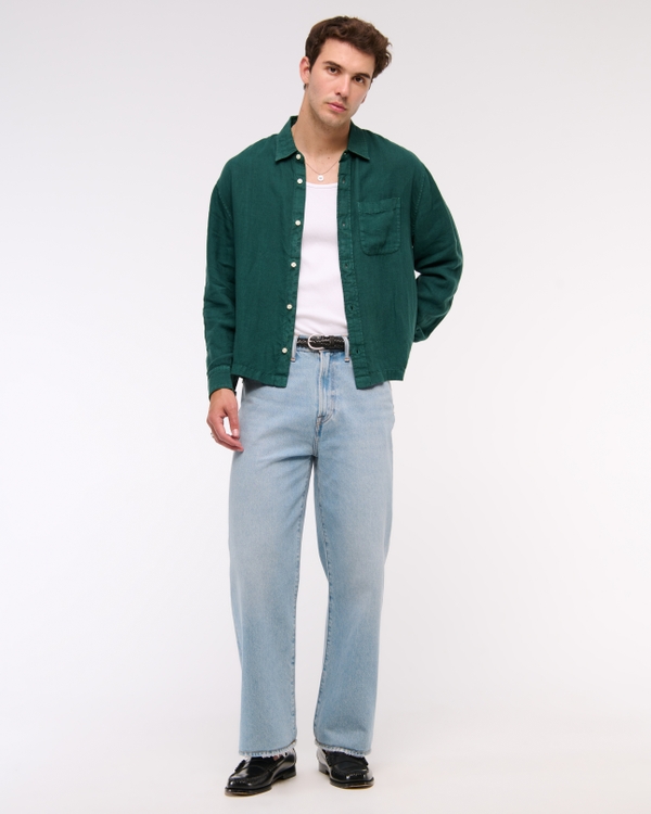 Cropped Linen Button-Up Shirt, Dark Green view 2