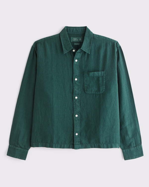 Cropped Linen Button-Up Shirt, Dark Green view 1