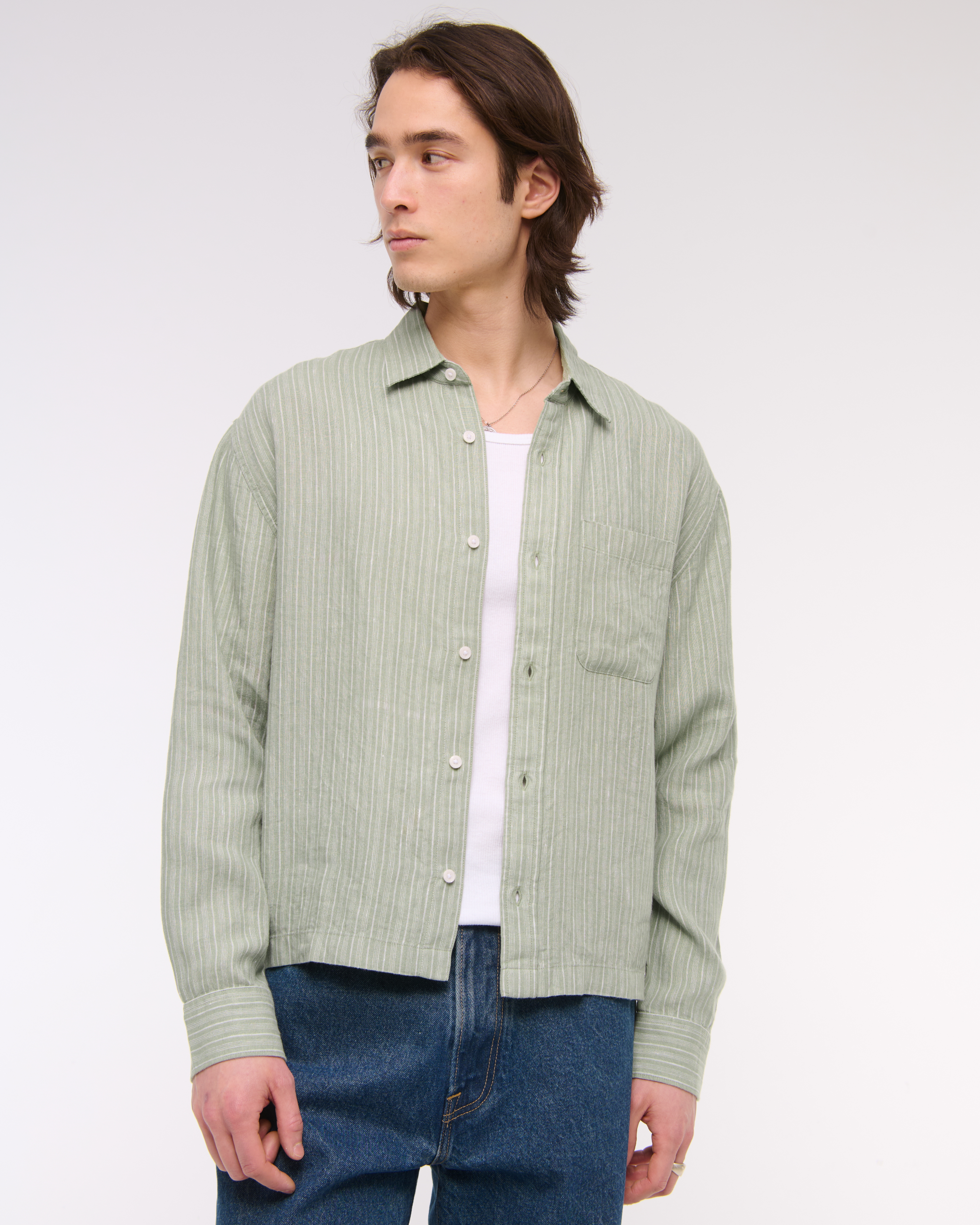 Abercrombie & Fitch Cropped Linen Button-up Shirt In Green