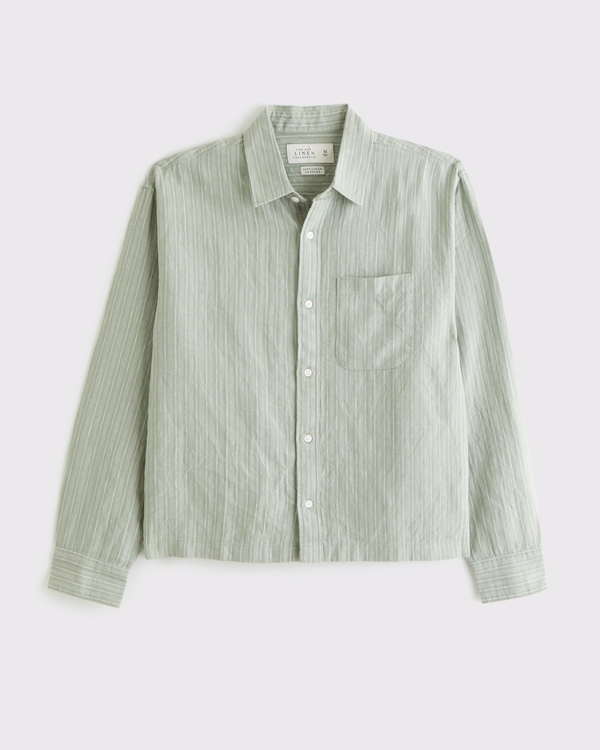 Cropped Linen Button-Up Shirt, Slate Green Stripe view 1