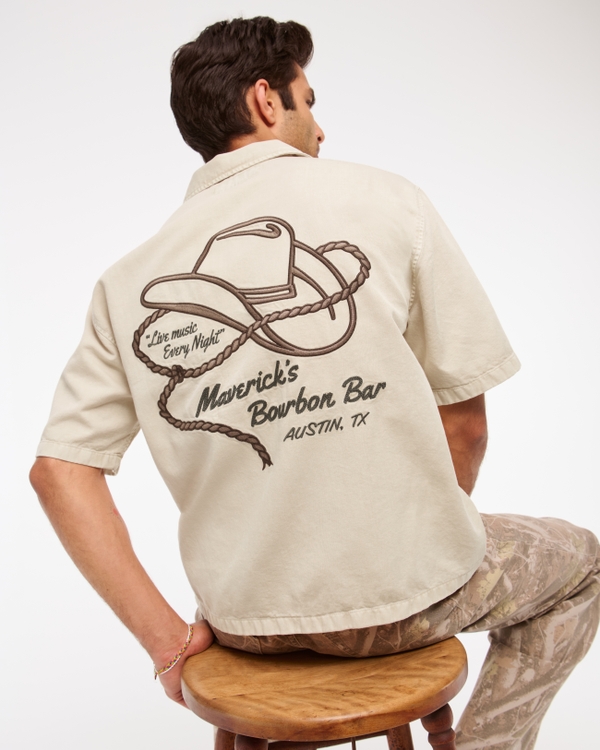 Short Sleeve Cropped Western Graphic Button-Up Shirt, Beige view 1