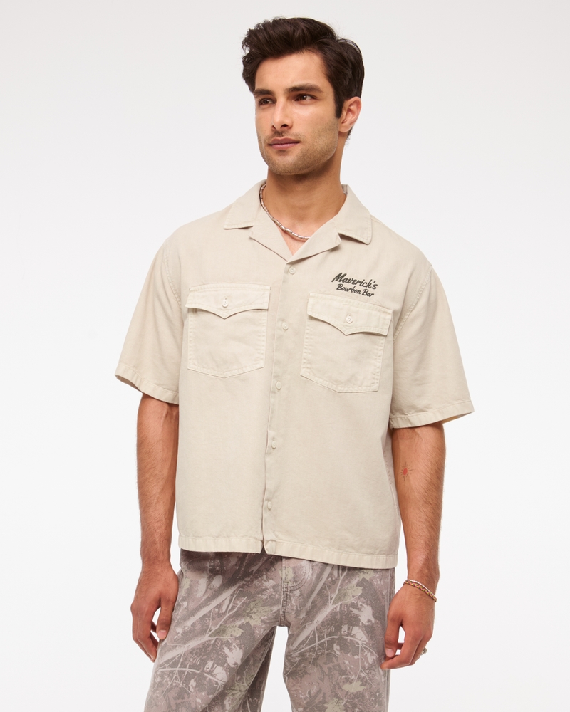 Short Sleeve Cropped Western Graphic Button-Up Shirt