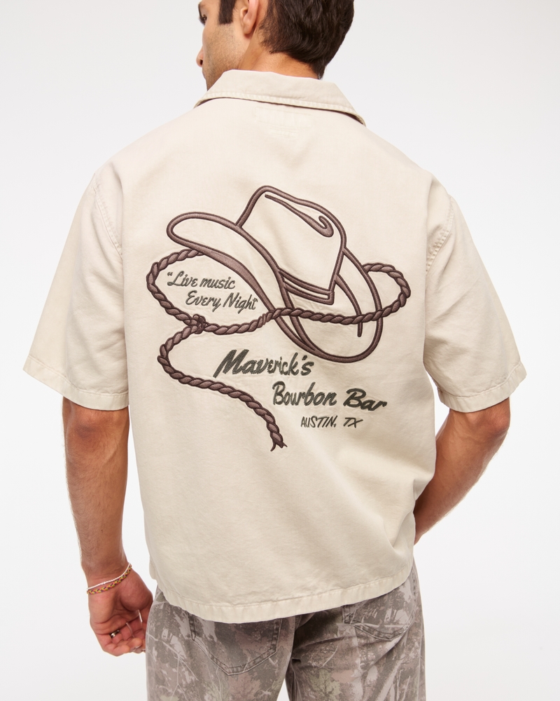Short Sleeve Cropped Western Graphic Button-Up Shirt