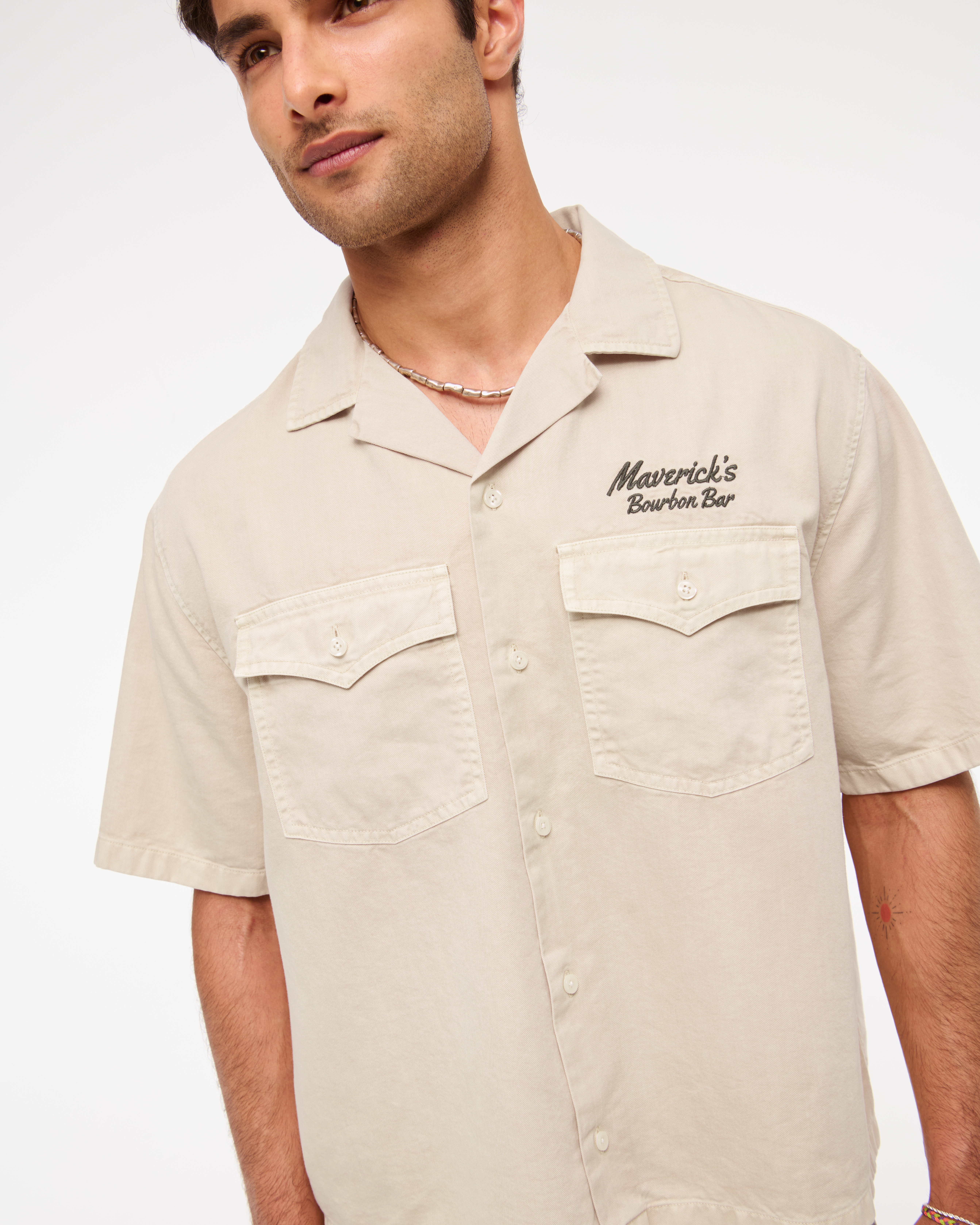 Tシャツ・カットソー   South Beige Logo Open Collar Polo Short Sleeve Men's Short-Sleeve Cropped Western Graphic Button-Up Shirt